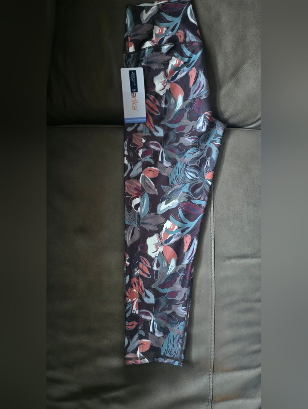 Marika Floral-Leaf Print Women’s Jeggings — Black with Coral & Teal Accents
